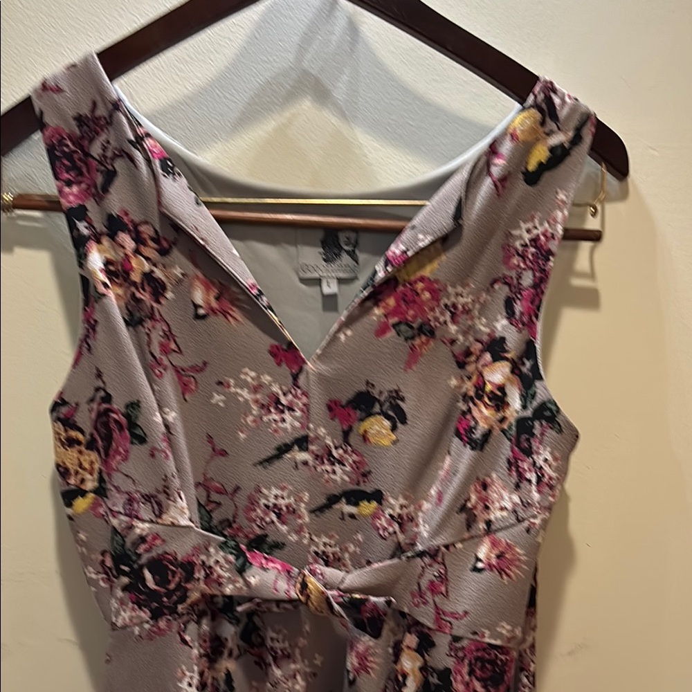Floral V-Neck Sleeveless Dress in Light Gray with Pink & Yellow Accents